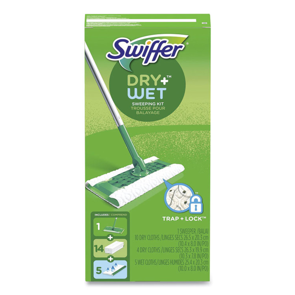 PROCTER & GAMBLE Swiffer® 49947 Sweeper Mop, 10 x 4.8 White Cloth Head, 46" Silver/Green Aluminum/Plastic Handle