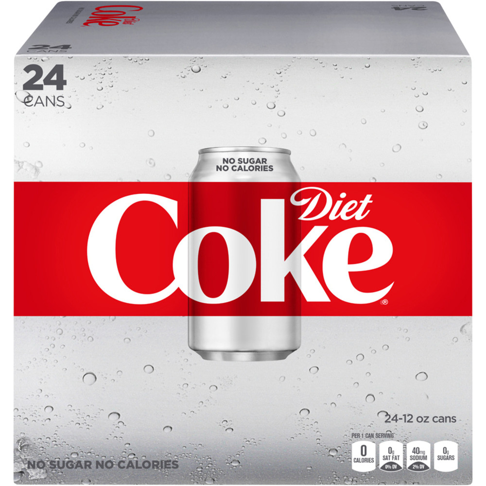 Diet Coke is the perfect refresher to give you the boost you need for a productive day. Grab a Diet Coke can to accompany your lunch, or keep plenty in the breakroom, so everyone can enjoy a tasty, bubbly treat.  Diet Coke is a refreshing, sugar-free drink for the diet-conscious.  Replenish the soda in your breakroom.  12-oz Coke cans for anytime enjoyment. A Diet Coke case of 24 is a welcome addition to any holiday party or office refrigerator.