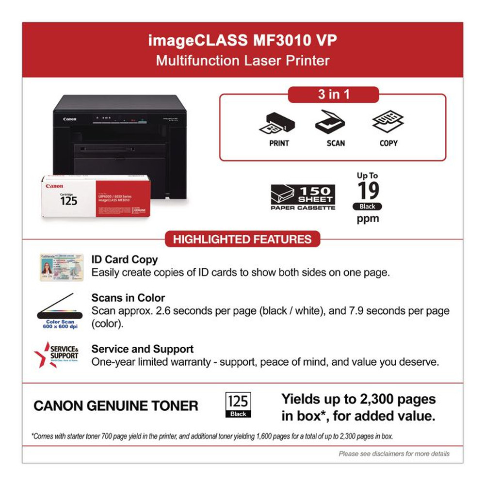 INNOVERA Canon® 5252B037 imageCLASS MF3010VP Wireless Multifunction Laser Printer, Copy/Print/Scan