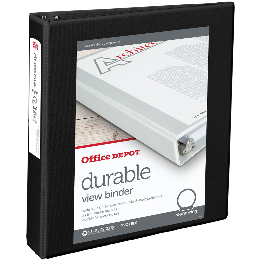 Great for homework assignments and office records, this Office Depot durable view round-ring binder helps keep important papers together. Add a label to the covers and spine to ensure the binder can easily be identified when you need it most.  Customizable design lets you personalize the front, back and spine.  Crafted with PVC-free, nonstick polypropylene covers.  2 pockets on the inside provide space to stash loose sheets of paper.  Organize your papers in one place to help save time when they are needed.  Cover board made from 100% recycled fiber with at least 80% post-consumer fiber.  1.5in binder holds up to 350 sheets.