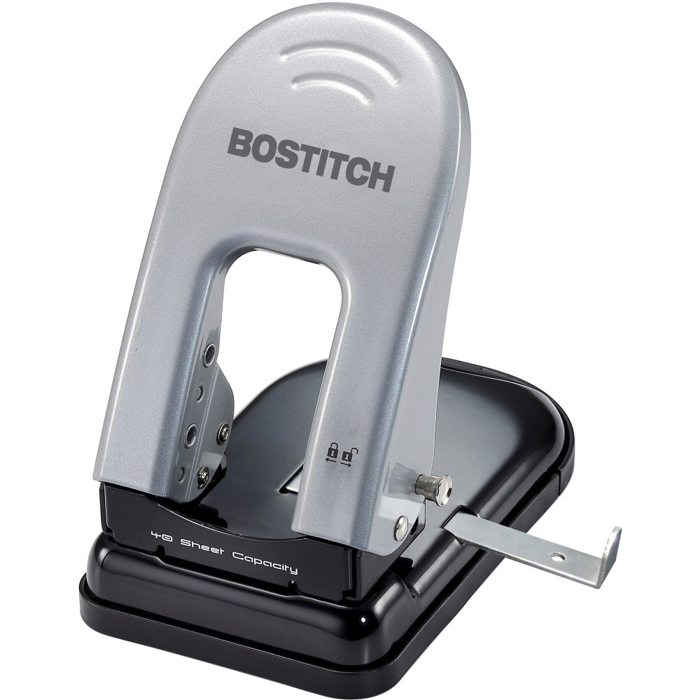 ACCENTRA INC 2340 Bostitch EZ Squeeze 40 Two-Hole Punch - 2 Punch Head(s) - 40 Sheet Capacity - 9/32in Punch Size - 6.5in x 2.8in - Black, Silver