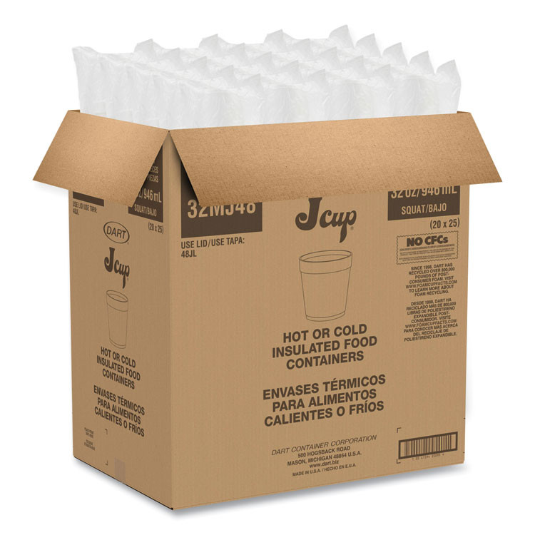 DART 32MJ48 Foam Containers, 32 oz, White, 25/Bag, 20 Bags/Carton