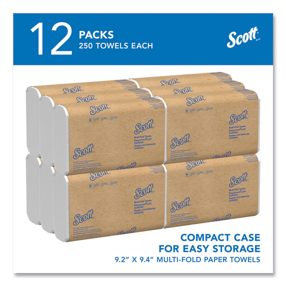 KIMBERLY-CLARK PROFESSIONAL Scott® 03650 Multi-Fold Towels, Absorbency Pockets, 1-Ply, 9.2 x 9.4, White, 250 Sheets/Pack, 12 Packs/Carton