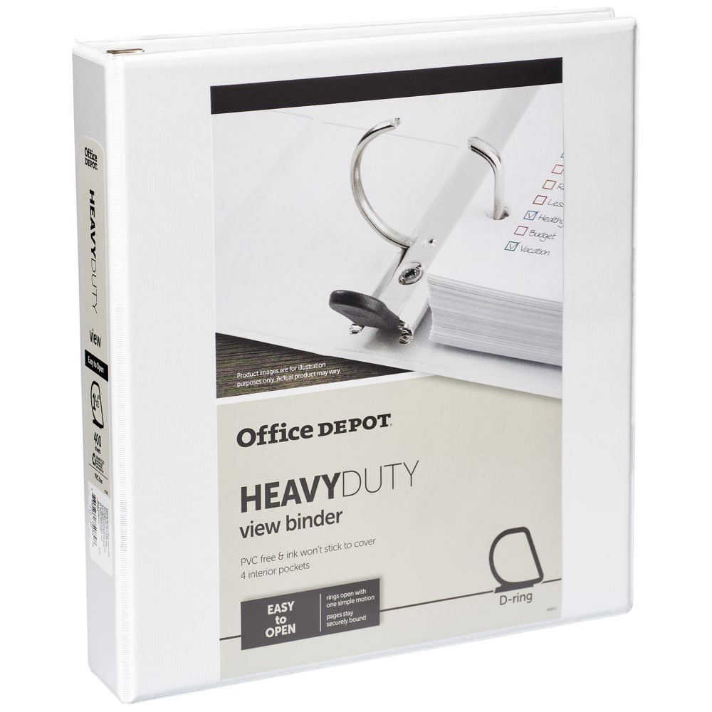 OFFICE DEPOT OD03103  Brand Heavy-Duty View 3-Ring Binder, 1 1/2in D-Rings, 49% Recycled, White