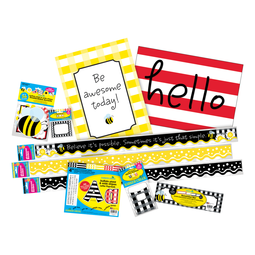 BARKER CREEK PUBLISHING, INC. Barker Creek BC3725  Classroom Decor Set, Be Awesome Buffalo Plaid And Wide Stripes, Pre-K To College