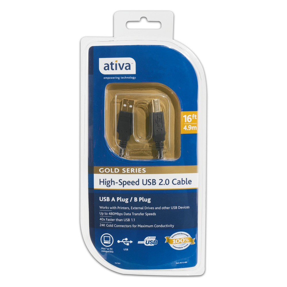 OFFICE DEPOT Ativa OD33316  Gold Series USB A/B Device Cable, 16ft, Black