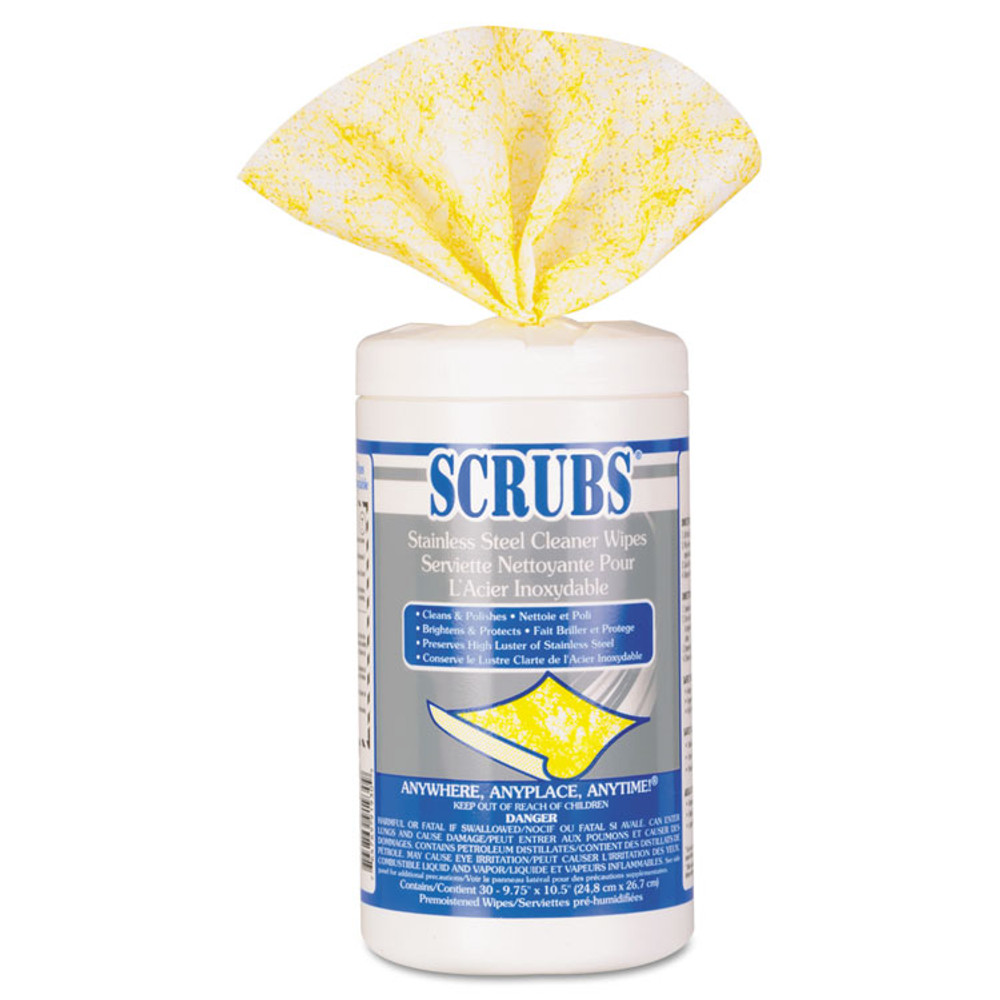 ITW PRO BRANDS SCRUBS® 91930 Stainless Steel Cleaner Towels, 1-Ply, 9.75 x 10.5, Lemon Scent, 30/Canister