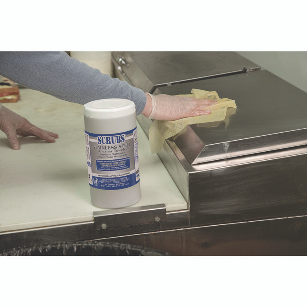 ITW PRO BRANDS SCRUBS® 91930 Stainless Steel Cleaner Towels, 1-Ply, 9.75 x 10.5, Lemon Scent, 30/Canister