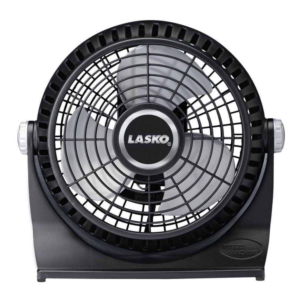 Enjoy cool gusts of air with this black Lasko Breeze Machine fan. The fully assembled design gets you started right away, while an integrated carrying handle offers easy movement. The 2 quiet fan speeds deliver silent performance and flexible ventilation. This Lasko Breeze Machine fan features Blue Plug Patented fuse technology for enhanced safety and a 360-degree tilt for balanced airflow.  Tabletop fan design is easy to place on desks and in windows.  Built-in carrying handle lets you move this fan as needed.  2 fan speeds support customized settings.  3 blades offer efficient air circulation for quick cooling.  Dimensions: 11-3/5inH x 5-1/3inW x 12-1/4inD.