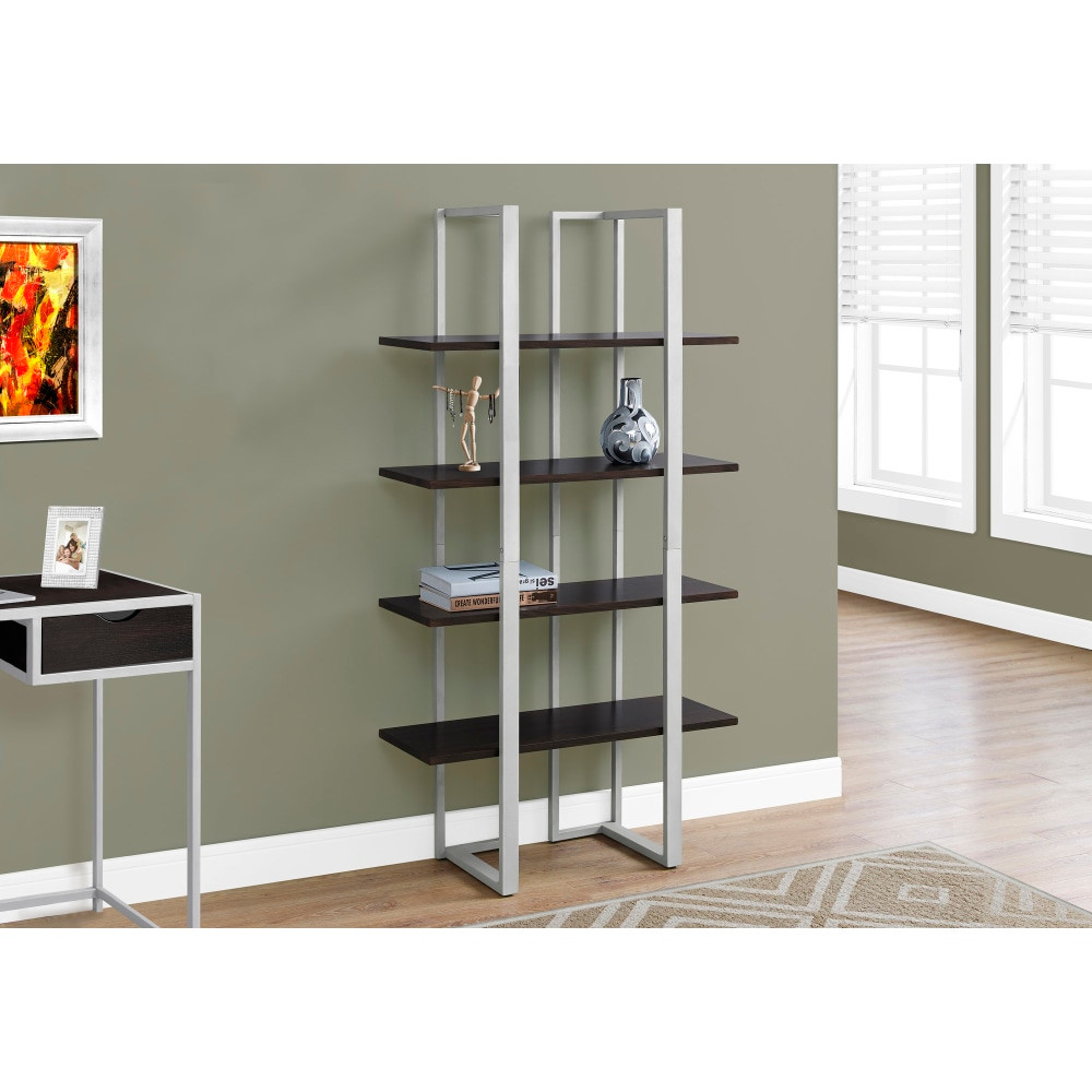 MONARCH PRODUCTS Monarch Specialties I 7239  60inH 4-Shelf Metal Bookcase, Cappuccino/Silver