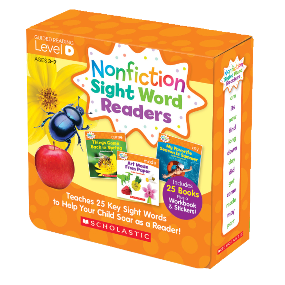 Continue learning fun at home with these guided reading books. Each full-color, 8-page book is filled with key sight words from the Fry list, which help build fundamental reading skills in young children.  Parents can work with children to help them learn key sight words from the Fry list.  25 full-color, 8-page books build fundamental reading skills for young students.  32-page activity book adds to the educational fun.  For students in kindergarten through first grade.  Comes with stickers and a sturdy storage box.