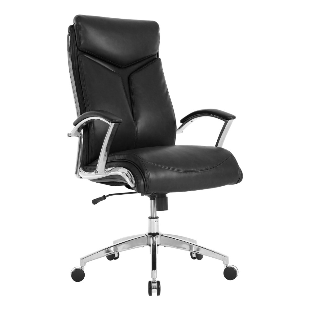 Sit back and tackle all your work projects with this Realspace Modern Comfort Verismo executive chair. Built-in lumbar support aligns with the natural contours of your back for optimal support and comfort, while the bonded faux leather upholstery and chrome frame add a professional look. This Realspace Modern Comfort Verismo executive chair features one-touch pneumatic height adjustment for effortless customization.  Weight-capacity tested to support 275 lbs.  Backed by the manufacturers 5-year limited warranty.  ANSI/BIFMA Compliant - This product has been tested and verified for compliance with rigorous performance requirements and safety standards related to specific furniture products.