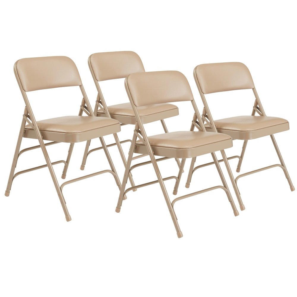 OKLAHOMA SOUND CORPORATION 1301-4 National Public Seating Vinyl Upholstered Triple Brace Folding Chairs, Beige, Pack Of 4