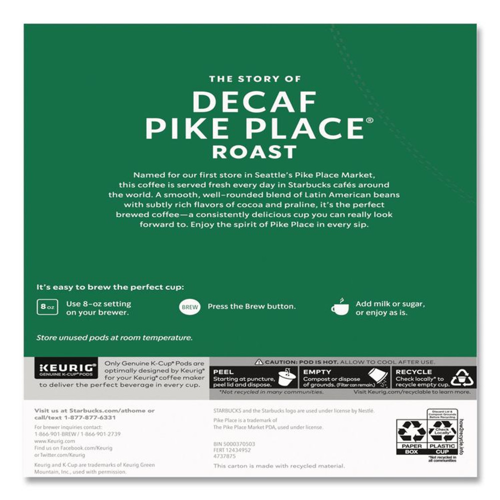 STARBUCKS COFFEE COMPANY 011111161CT Pike Place Decaf Coffee K-Cups, 96/Carton