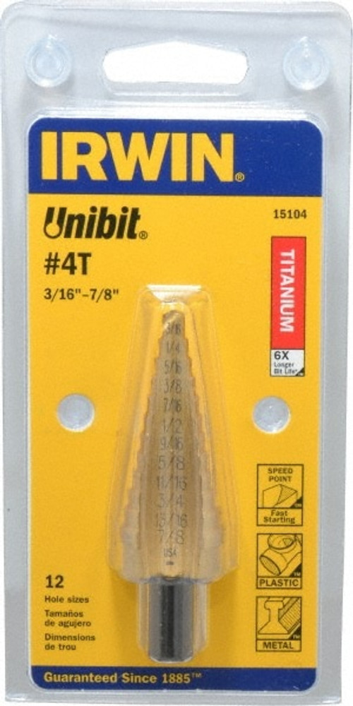 Irwin 15104 Step Drill Bit: 3/16 to 7/8" Dia, 3/8" Shank Dia, High Speed Steel, 12 Hole Sizes