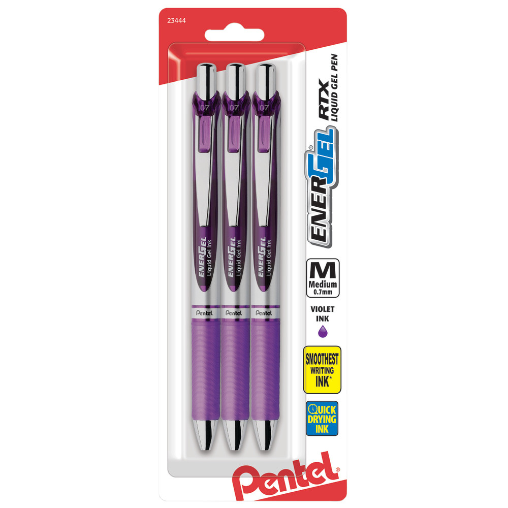 Wrapping your hand around these Energel Deluxe pens reveals an irresistibly comfortable feel delivered by a soft, cushioned grip. The ink within each pen dries quickly, helping to eliminate troublesome smudges.  Cushioned grip for comfortable writing.  Built-in pocket clip for easy carrying.  Acid-free gel ink is quick-drying to resist smudges.  Refillable Pentel pens.  Comes with a pack of 3 med-point pens with violet ink.  Refillable - designed to be used repeatedly, helping you avoid single-use disposables and potentially save money.  Contains Recycled Content - See Specs for Details.