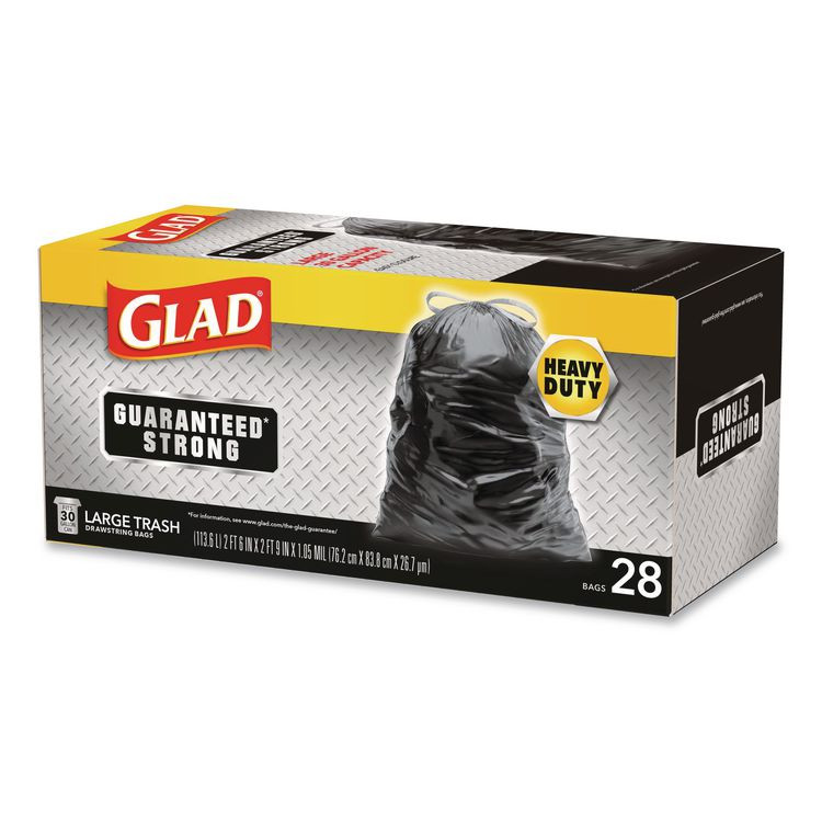 CLOROX SALES CO. Glad® 78966 Guaranteed Strong Large Drawstring Trash Bags, Three-Ply, 30 gal, 1.05 mil, 30 x 33, Black, 28 Bags/Box, 6 Boxes/Carton