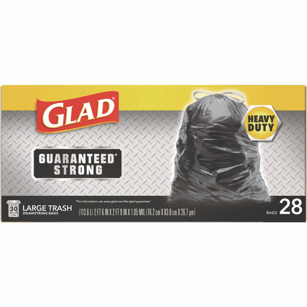 CLOROX SALES CO. Glad® 78966 Guaranteed Strong Large Drawstring Trash Bags, Three-Ply, 30 gal, 1.05 mil, 30 x 33, Black, 28 Bags/Box, 6 Boxes/Carton