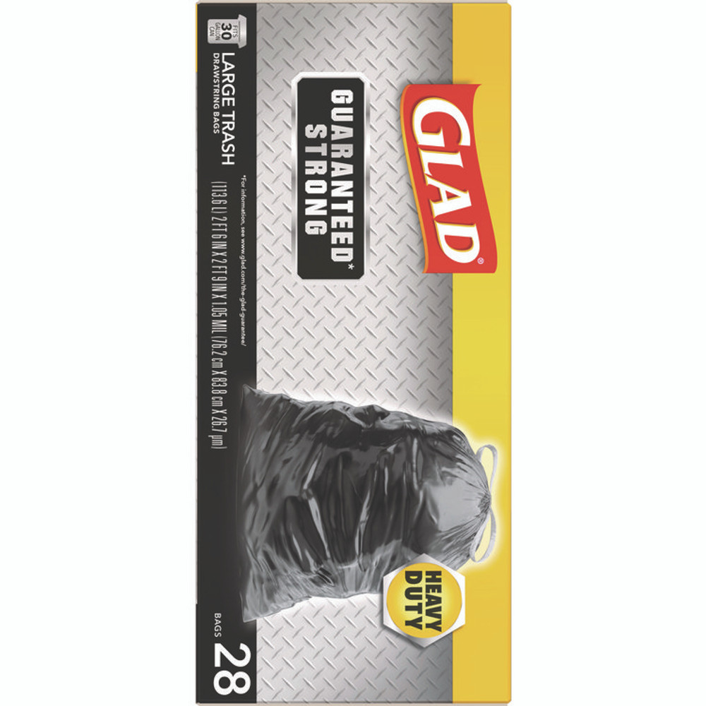 CLOROX SALES CO. Glad® 78966 Guaranteed Strong Large Drawstring Trash Bags, Three-Ply, 30 gal, 1.05 mil, 30 x 33, Black, 28 Bags/Box, 6 Boxes/Carton