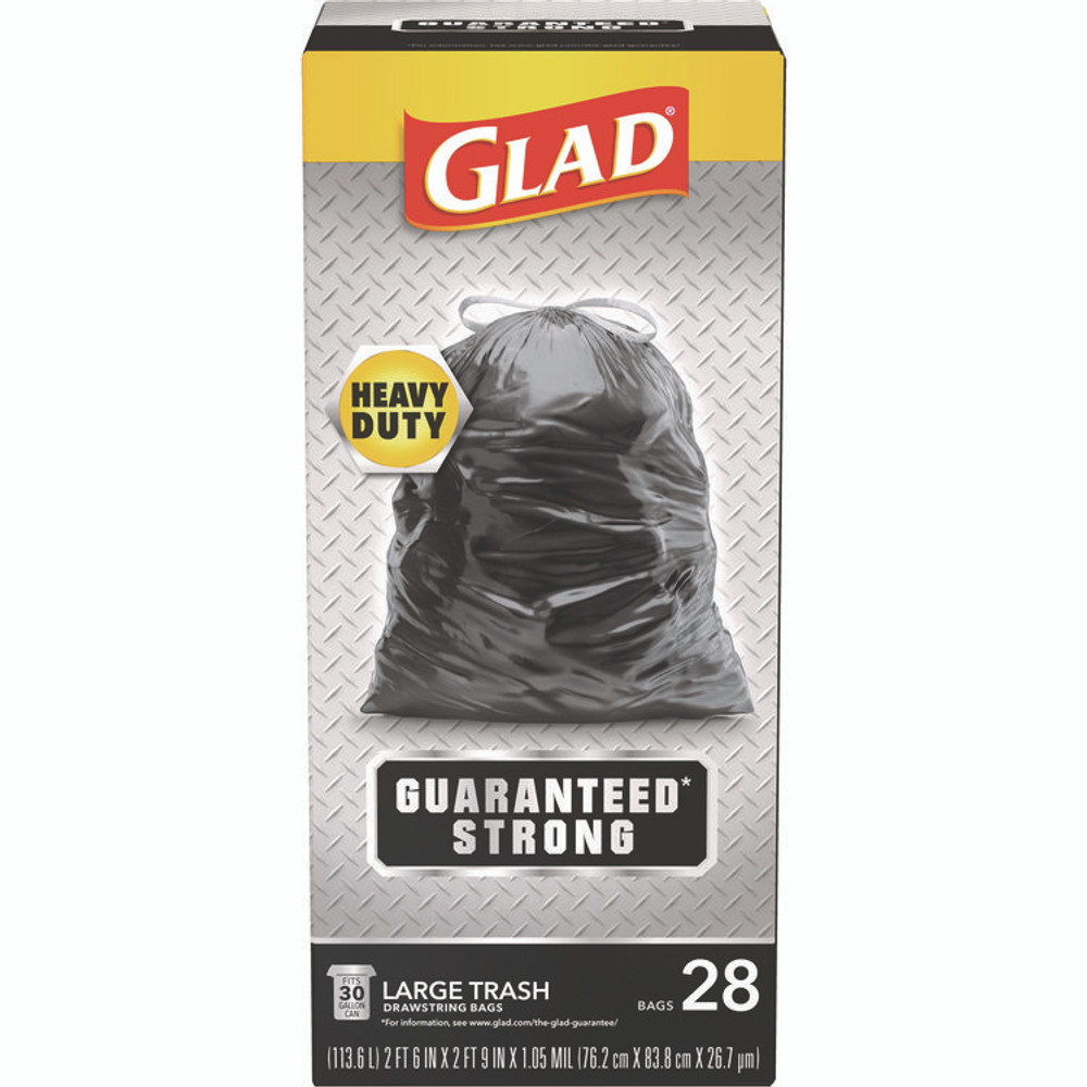 CLOROX SALES CO. Glad® 78966 Guaranteed Strong Large Drawstring Trash Bags, Three-Ply, 30 gal, 1.05 mil, 30 x 33, Black, 28 Bags/Box, 6 Boxes/Carton