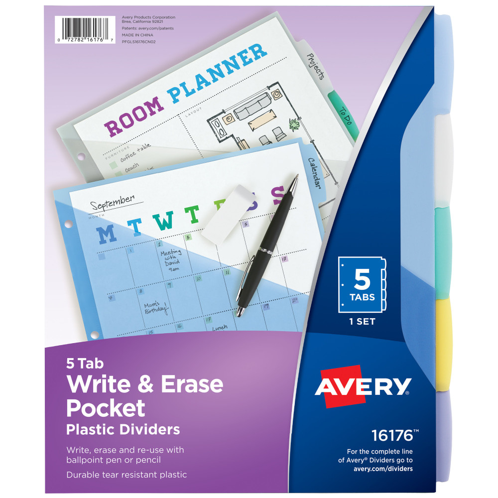 AVERY PRODUCTS CORPORATION Avery 16176  Write & Erase Pocket Plastic Dividers For 3 Ring Binders, 9-1/4in x 11-1/4in, 5-Tab Set, Multicolor, 1 Set