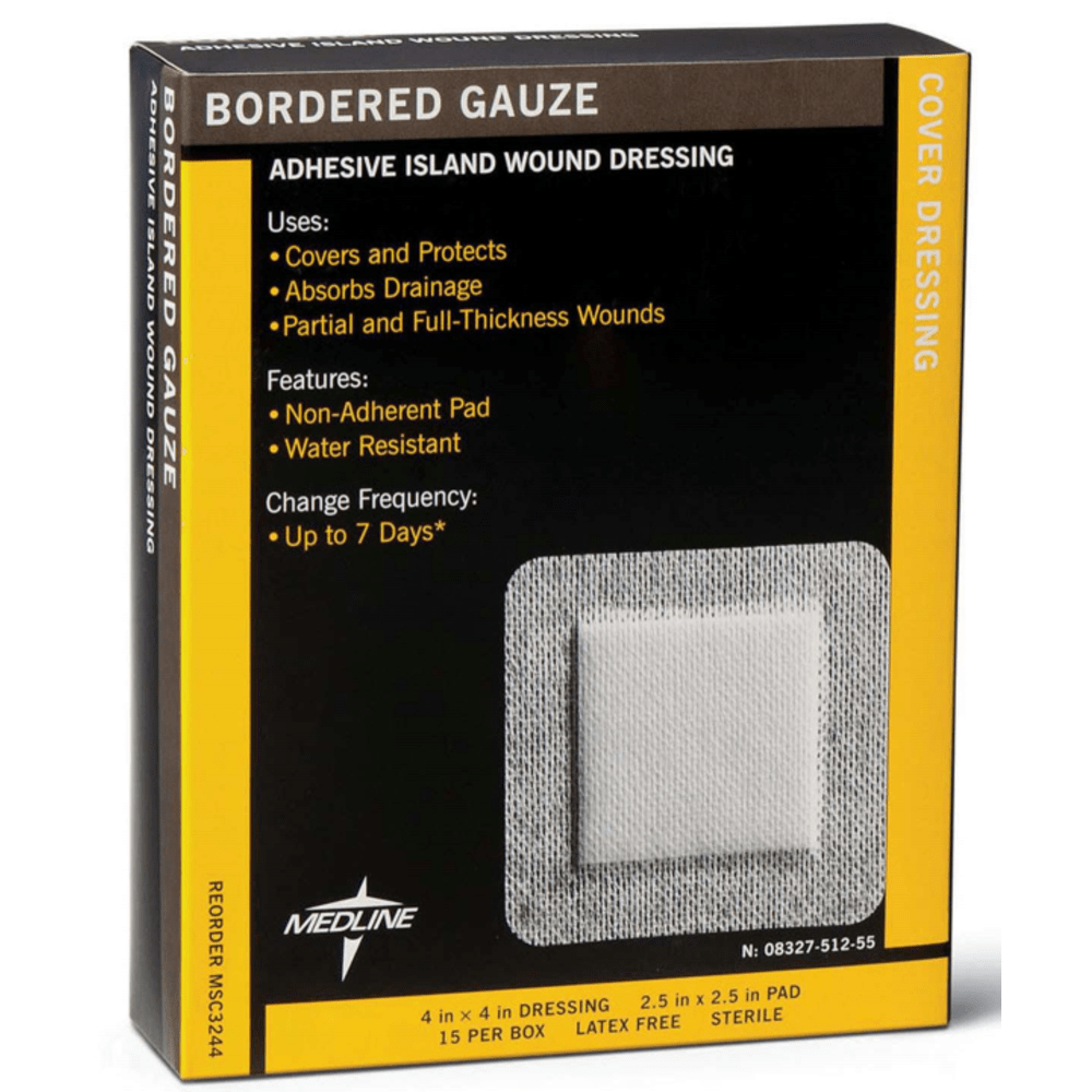 MEDLINE INDUSTRIES, INC. Medline MSC3244  Sterile Border Gauze Pads, 4in x 4in, White, 15 Pads Per Box, Case Of 10 Boxes