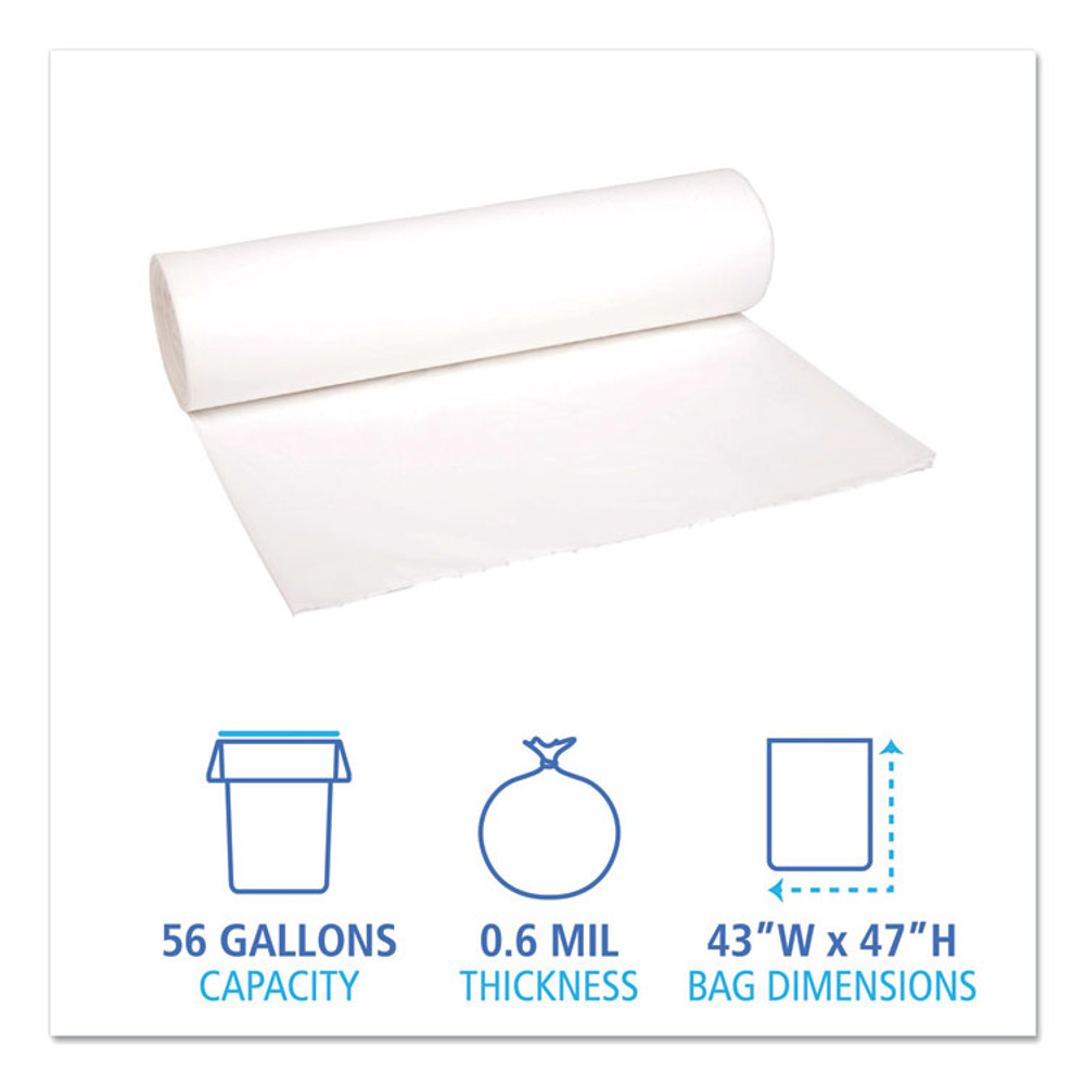 BOARDWALK 4347EXH Low-Density Waste Can Liners, 56 gal, 0.6 mil, 43" x 47", White, Perforated Roll, 25 Bags/Roll, 4 Rolls/Carton