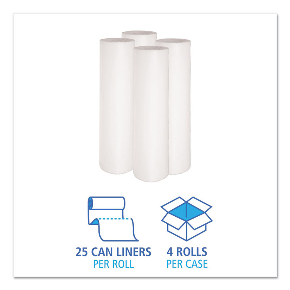 BOARDWALK 4347EXH Low-Density Waste Can Liners, 56 gal, 0.6 mil, 43" x 47", White, Perforated Roll, 25 Bags/Roll, 4 Rolls/Carton