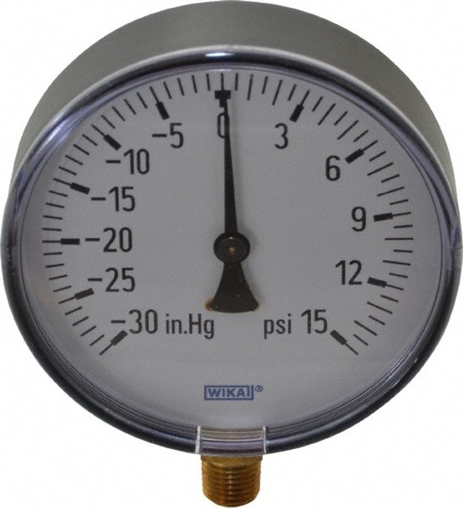 Wika 4255918 Pressure Gauge: 4" Dial, 0 to 15 psi, 1/4" Thread, NPT, Lower Mount