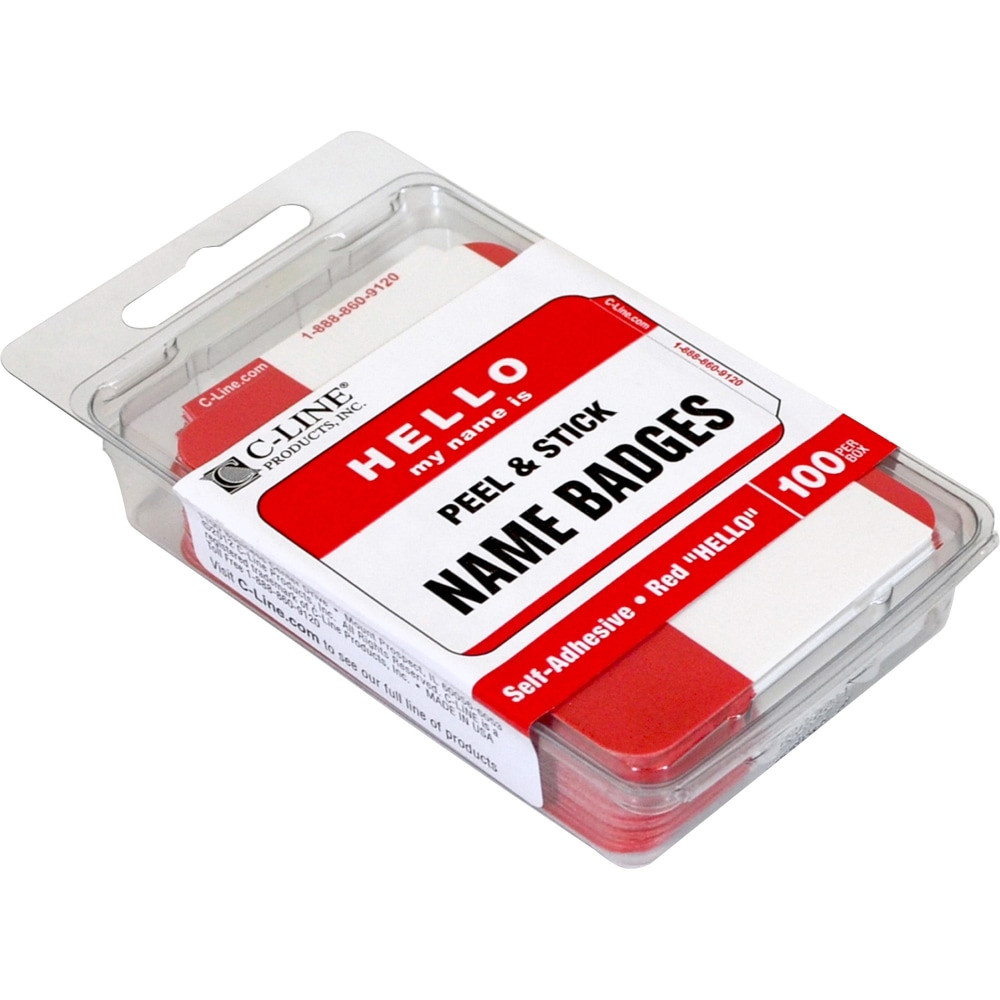 CLINE PRODUCTS INC 92234 C-Line HELLO my name is.. Name Tags - Red, Peel & Stick, 3-1/2 x 2-1/4, 100/BX, 92234