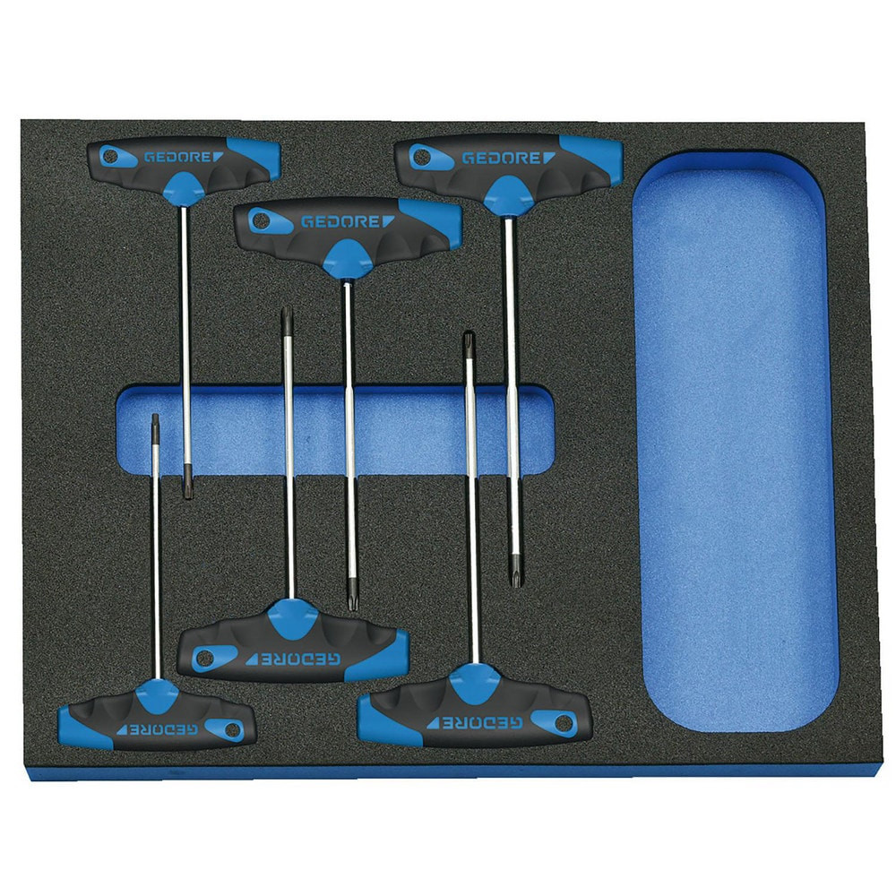 Gedore 2016559 Torx Driver Sets; Torx Size: T20; T25; T27; T30; T40 ; Container Type: Foam Module ; Handle Type: T-Handle ; Handle Color: Blue; Black ; Number Of Pieces: 6 ; Includes: 2142 TX T15,T20,T25,T27,T30,T40 Screwdriver Bit