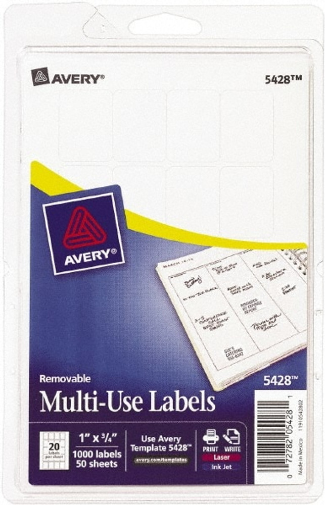 AVERY 05428 Label Maker Label: White, Paper, 1" OAL, 1" OAW