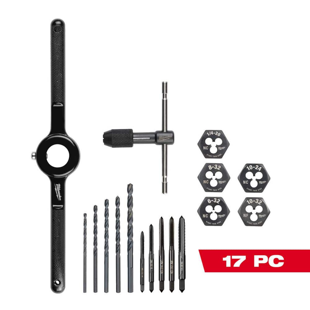 Milwaukee Tool 49-22-5600 Tap, Die & Drill Sets; Minimum Tap Thread Size: 6-32 NC ; Maximum Tap Thread Size: 1/4-20 ; Minimum Die Thread Size: 6-32 NC ; Maximum Die Thread Size: 1/4"-20 NC ; Minimum Drill Size: #7 ; Maximum Drill Size: #36