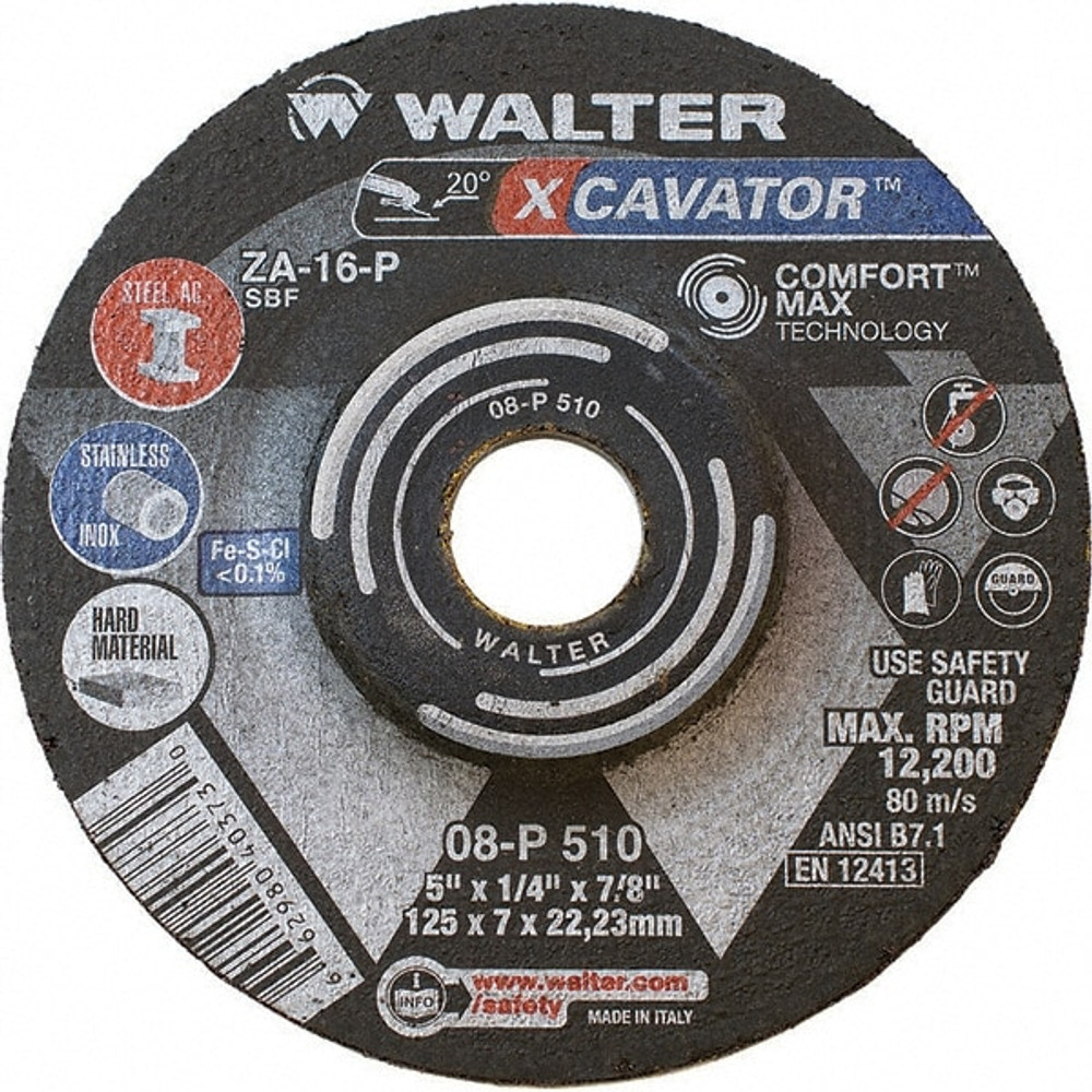 WALTER Surface Technologies 08P510 Depressed Grinding Wheel:  Type 27,  5" Dia,  1/4" Thick,  7/8" Hole,  Aluminum Oxide