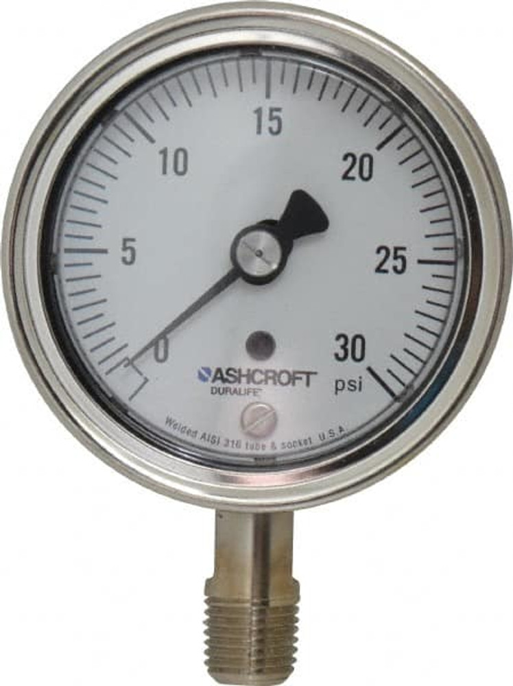 Ashcroft 94326 Pressure Gauge: 2-1/2" Dial, 0 to 30 psi, 1/4" Thread, NPT, Lower Mount