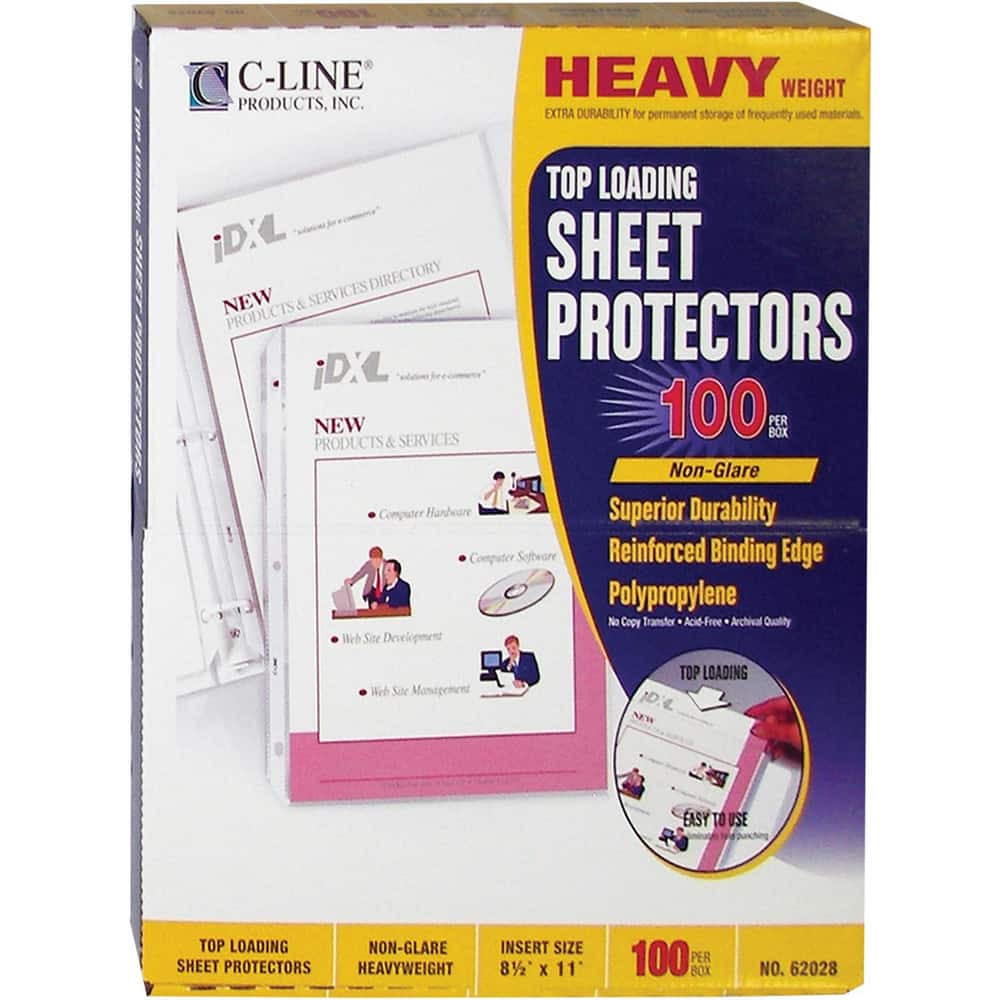 C-LINE. 62028 Document Protectors; Document Type: Sheet Protector ; Material: Polypropylene ; Color: Clear ; For Document Width: 8.5in ; For Document Length: 11in ; Number Of Pieces: 100