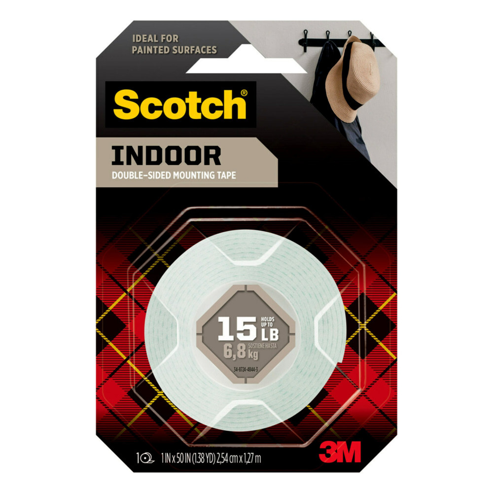 Scotch Indoor Double-Sided Mounting Tape is ideal for painted surfaces and allows you to quickly and easily beautify and organize your space. Whether you are creating a gallery wall or affixing the family chore chart, this permanent double-sided foam tape holds up to 15 pounds and delivers a strong bond every time because of its 3M industrial strength adhesive. Your work is up and ready to admire in 30 seconds flat-no nails or hammer needed. Never let how you are going to hang it get in the way of your creativity with the powerful adhesion of Scotch Indoor Double-Sided Mounting Tape.  Ideal for painted surfaces  Intended for indoor use - delivers a strong, permanent bond on contact  Holds up to 15 lb with 3m industrial strength adhesive to hold 1 lb use 5.5in to hold 15 lb use 80in  Designed for: painted drywall, finished wood, metal, acrylic, tile and glass  Application temperature 50 deg.f to 100 deg.f  Easy-To-Apply Design With No Mess Or Tools  Use Instead Of Nails And Screws  Ensure Your Surface Is Smooth, Clean And Dry For The Best Bond  Great For Do-It-Yourself Projects  Made in the USA with Globally Sourced Materials  Size: 1 in x 50 in roll  Color: White  Forest Stewardship Council (FSC) certified - made from wood/paper that comes from forests managed to rigorous environmental and social standards, supported by the worlds leading conservation organizations.  Leadership forestry - from forests or sourcing programs that meet specific environmental standards, helping you support practices that better protect forests and the environment.