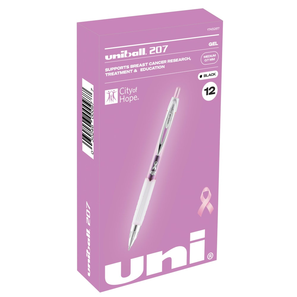 Pink Ribbon medium point 0.7 mm retractable gel pens help support City of Hope and breast cancer research  Pigment-based gel offers vibrant ink color, ensuring that every mark is brilliantly communicated  uni Super Ink technology forms a strong bond with the paper, preventing document fraud and check washing  A textured grip allows comfortable writing while ensuring greater control and precision throughout your tasks and projects  A portion of each Pink Ribbon gel pen sale goes to City of Hope for breast cancer research, treatment and education  Comes in a pack of 12 black pens with pink barrels.  Features a medium, 0.7 mm tip.  ACMI Certified AP Nontoxic. For detailed information see www.acmiart.org.  Less harsh chemicals - made with fewer harsh chemicals, or safer chemicals than typical alternatives, helping  reduce your use of and exposure to substances that may be more harmful to your health and the environment.