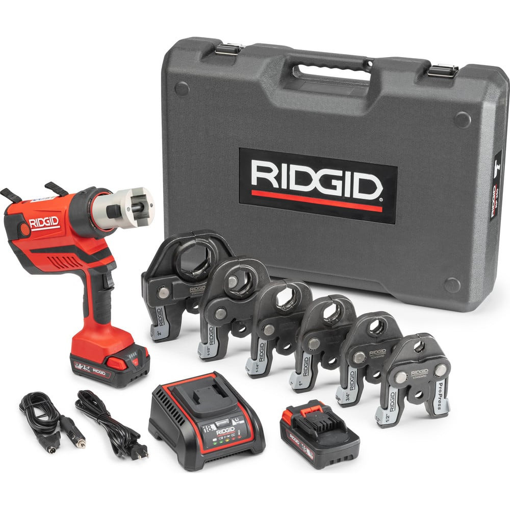 Ridgid 67053 Benders, Crimpers & Pressers; Type: Presser ; Maximum Pipe Capacity (Inch): 4 ; Overall Length (Inch): 11 ; Includes: RP 350 Press Tool; (2) 18V 2.5 Ah Lithium-ion Batteries; 18V Charger; Carrying Case; 1/2 in to 2 in Propress Jaws