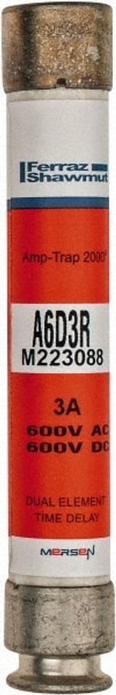 Ferraz Shawmut A6D3R Cylindrical Time Delay Fuse: RK1, 3 A, 127 mm OAL, 21 mm Dia