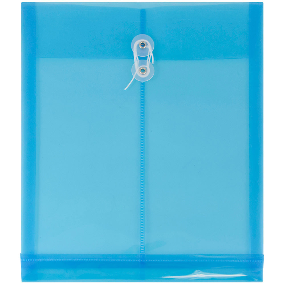 JAM PAPER AND ENVELOPE JAM Paper 118B1BU  Open-End Plastic Envelopes, Letter-Size, 9 3/4in x 11 3/4in, Button & String Closure, Blue, Pack Of 12