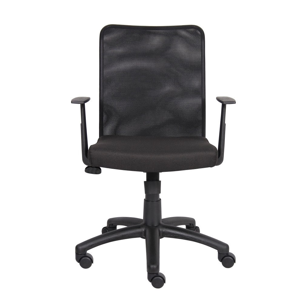 Work in comfort on this Boss Budget mesh task chair. The 27-inch black nylon base provides reliable stability, while the breathable mesh fabric and padding deliver comfort and ample airflow to keep you cool. An upright lock ensures optimal back support, and the pneumatic gas lift lets you customize the seats height. This Boss Budget mesh task chair has hooded double-wheel casters for hassle-free movement.  Fabric seat with mesh back provides durability and efficient ventilation.  Pneumatic adjustable gas lift for easy height modification.  Spring-tilt mechanism lets you easily change body position.  Adjustable arm design offers custom comfort.  25in nylon base with double-wheel casters for hassle-free movement.  Tested to meet ANSI/BIFMA Performance Standards - Manufacturer testing has been conducted on this product to meet specific performance requirements and safety standards set forth by the American National Standards Institute (ANSI) and the Business and Institutional Furniture Manufacturers.