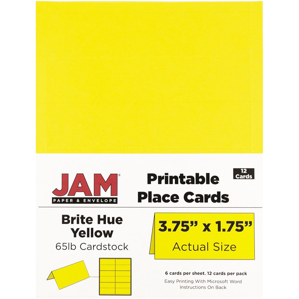 JAM PAPER AND ENVELOPE 2259420976 JAM Paper Printable Foldover Place Cards, 3 3/4in x 1 3/4in, Yellow, Pack Of 12