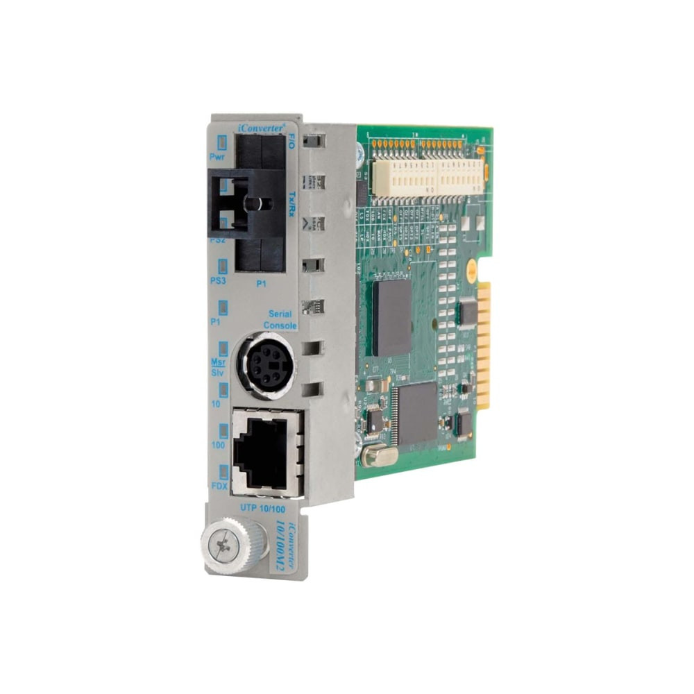 Port statistics and optical performance statistics. The 10/100M2 supports reporting of utilization, port and optical performance statistics. Port statistics are available for 38 different variables for the UTP and fiber ports. Additionally, full optical performance statistics are available on SFP fiber transceivers with a digital diagnostic bus. Port and optical performance statistics reporting provides the ability to monitor customer bandwidth utilization, network performance and the link signal quality for each individual port.  Port bandwidth control and port access control. The enhanced Bandwidth Control feature supports levels of bandwidth between the fiber and UTP ports in 64Kbps increments from 64K to Full Line Speed. The 10/100M2 features Port Access Control which blocks user service while maintaining the network link. Port Access Control enables the service provider to control user access while maintaining port configuration for easy disabling or enabling of customer service. Port Access Control provides enterprise administrators the capability to improve network security by controlling port access when the port is not in use.  Performance monitoring. 802.3ah Performance Monitoring tools are used for the detection and notification of link performance (quality) faults. Ethernet data performance can deteriorate slowly before disrupting service, and the 10/100M2 allows the setting of error-per-second thresholds. Once the pre-set error threshold is exceeded, an event notification is generated that provides early indication of a problem that may be resolved prior to loss of service.  Metro Ethernet access. At the Central Office, the 10/100M2 plug-in module is installed in a managed iConverter 19-Module chassis for high-density fiber distribution from UTP switch equipment. At Customer Premises 1, the 10/100M2 plug-in module is installed in a 2-Module chassis with an iConverter 4TxVT four-port switch module. The two modules share data via the Ethernet Backplane. This configuration functions as a remotely managed demarcation switch with a fiber uplink port to the Central Office and five copper ports that drop off Ethernet service. At Customer Premises 2, the 10/100M2 standalone NID provides a fiber uplink to a single copper port for intelligent demarcation of Ethernet services.  Fault detection. The 10/100M2 detects and indicates link faults, dying gasp and other critical events. The 10/100M2 also supports Unidirectional Link Fault Detection that indicates faults in either direction of the fiber link.  Link modes. The 10/100M2 features multiple, user-selectable link fault detection modes, including Link Propagation, Remote Fault Detection and Asymmetrical Fault Detection. These Link Modes provide rapid fault detection and isolation by monitoring the state of the cabling hardware, and operate independently of the network management.  Carrier-grade optical Ethernet. iConverter fiber access Network Interface Devices and media converters are MEF 9 and 14 certified compliant and NEBS Level 3 compliant. iConverter NIDs enable Carrier-Grade Optical Ethernet with reliability and performance monitoring to support Service Level Agreements (SLAs). The modular design of iConverter fiber access equipment future-proofs Metro Ethernet services with scalability of network services and lowers operating costs with comprehensive OAM management and provisioning.  Tag VLAN, Port VLAN and QoS. The iConverter 10/100M2 supports the IEEE 802.1Q tag Virtual Local Area Network (VLAN) packet tagging and untagging (including Q-in-Q tunneling and 802.1ad service provider tag) and the 802.1p Quality of Service priority standards. 10/100M2 VLAN 802.1ad tunneling technology enables service providers to offer their customers E-Line and E-LAN services via Ethernet Virtual Circuit (EVC), which connect multiple business LANs at different locations and make their networks appear to be on the same local network. Q-in-Q Service tags transparently transport customer network traffic across the service provider network, isolating it from other customer and service provider management traffic.  IEEE 802.3ah operations, administration and maintenance. The 10/100M2 supports the IEEE 802.3ah OAM standard, including Fault Detection, Performance Monitoring and Remote Loopback.  Fiber port options. 10/100M2 models with fixed-fiber connectors are available with multimode (MM) dual fiber, single-mode (SM) dual fiber and single-mode single-fiber (SF) options. They support ST, SC, LC and MT-RJ connectors with distances up to 5km over MM fiber, 120km over SM fiber and 40km over SF. The 10/100M2 Small Form Pluggable (SFP) model supports a wide variety of SFP transceivers available in 20nm increments from 1270nm to 1610nm to support FTTX and CWDM applications.