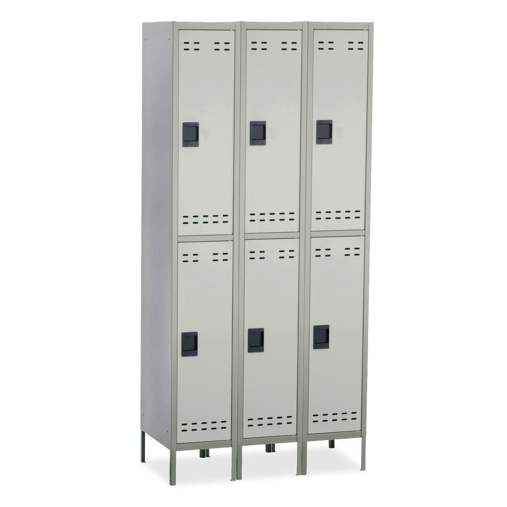 This strong locker unit has a heavy-gauge, all-steel construction  Ventilation slits allow air to circulate through the locker.  Can be used as a stand-alone unit or linked with other lockers.  Recessed handle with built-in padlock space.  No assembly required!  Backed by the manufacturers limited lifetime warranty.  Set of lockers is made up of 3 columns, each with 2 tiers.  GREENGUARD certified - certified for low chemical emissions: UL.COM/GG - UL 2818. Ranked in two tiers: Certified and Gold.  This product is heavy and/or oversized and may need more than one person to handle.  Less harsh chemicals - made with fewer harsh chemicals, or safer chemicals than typical alternatives, helping  reduce your use of and exposure to substances that may be more harmful to your health and the environment.