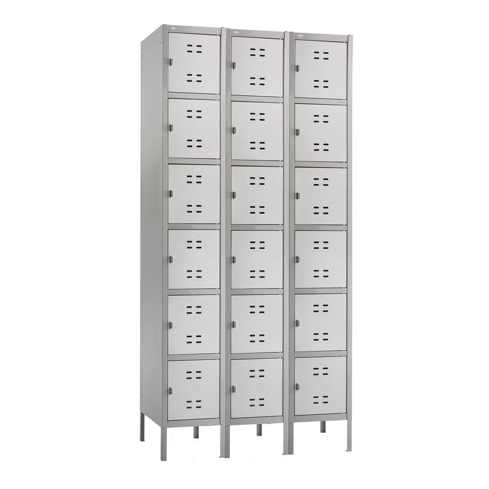 This strong locker unit has a heavy-gauge, all-steel construction  Ventilation slits allow air to circulate through the locker.  Can be used as a stand-alone unit or linked with other lockers.  Recessed handle with built-in padlock space.  No assembly required!  Backed by the manufacturers limited lifetime warranty.  Set of lockers includes 3 columns with 6 box-style lockers on each.  GREENGUARD certified - certified for low chemical emissions: UL.COM/GG - UL 2818. Ranked in two tiers: Certified and Gold.  This product is heavy and/or oversized and may need more than one person to handle.  Less harsh chemicals - made with fewer harsh chemicals, or safer chemicals than typical alternatives, helping  reduce your use of and exposure to substances that may be more harmful to your health and the environment.