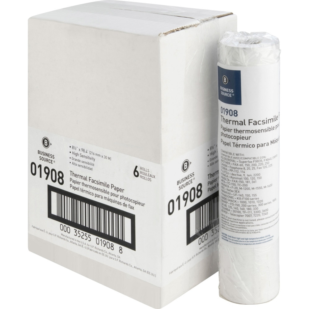 BUSINESS SOURCE 01908  Thermal Paper - White - 8 1/2in x 98 ft - 6 / Carton