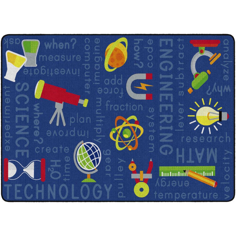 Inspire children to explore science, technology, engineering and mathematics with the Flagship Carpets STEM Area Rug. This rug boasts a stainless, mildew-resistant, soil-resistant and antimicrobial design to make it ideal for use in classrooms.  STEM rug helps inspire children to learn about science, technology, engineering and math.  Made with 100% 6.6 continuous filament nylon and bound with double-stitch surge nylon edge yarn to offer durability.  Stainless for permanent soil resistance and stain protection.  Treated with FORCE 5 agent to make the rug antimicrobial, odor resistant and mildew resistant.  Eco-conscious choice - has one or more meaningful eco-attributes or eco-labels.  Antimicrobial is an agent that kills microorganisms or stops their growth.  Less harsh chemicals - made with fewer harsh chemicals, or safer chemicals than typical alternatives, helping  reduce your use of and exposure to substances that may be more harmful to your health and the environment.