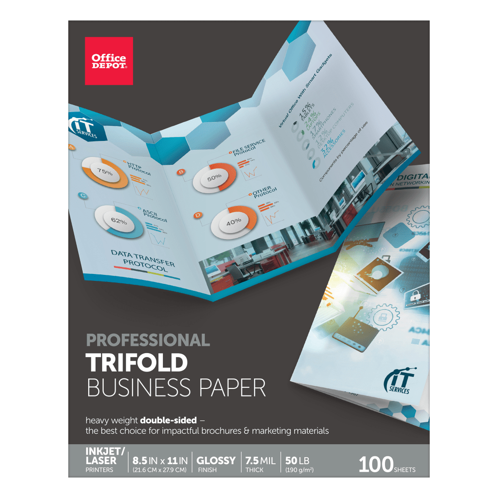 Create beautiful brochures and presentation materials from your own printer with Office Depot presentation paper. This double-sided presentation paper is extra heavyweight and delivers true-to-life photo results.  Double-sided coating prevents ink from showing through from the other side.  Ultra-durable paper provides long-lasting results. Thick weight shows intensive color saturation in color prints.  Formulated for use in your inkjet printer. This paper is designed to run flawlessly through all inkjet printers. No more waiting at a photo lab - simply press print on your printer and you are ready to go!  Ultra-durable professional flyer paper provides long-lasting results.  Double-sided matte paper lets you print on both sides of the sheet.  Glossy paper in a pack of 150 sheets offers reliable performance.