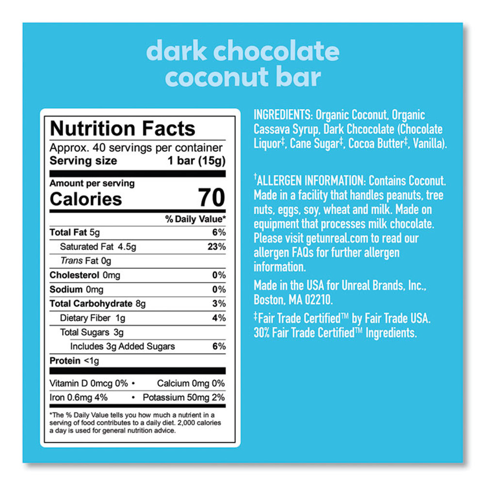 UNREAL BRANDS INC. 22002087 Dark Chocolate Coconut Bars, 0.53 oz, Individually Wrapped, 40/Pack